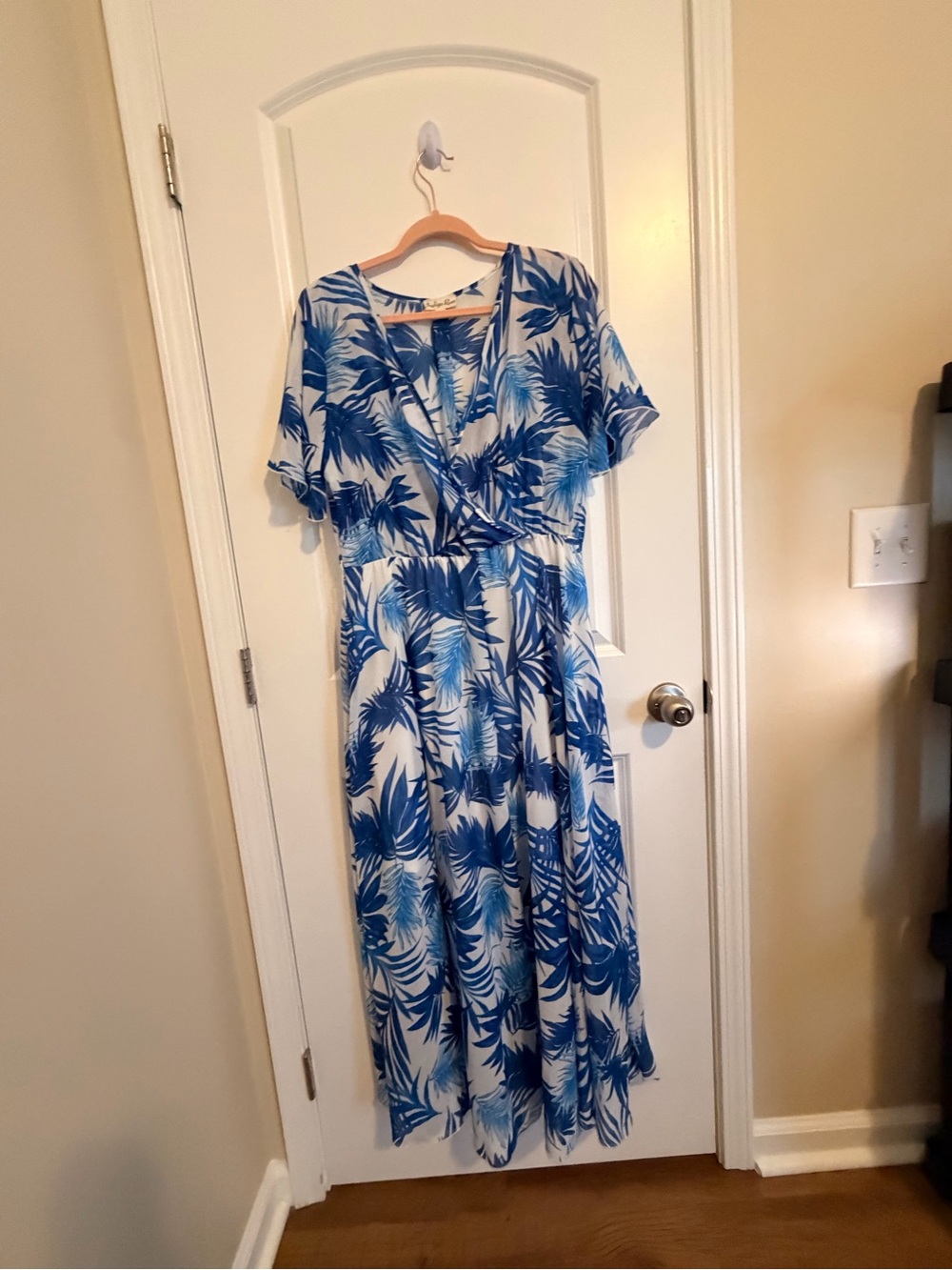 Blue Palm-Print Wrap Maxi Dress with Tie Waist